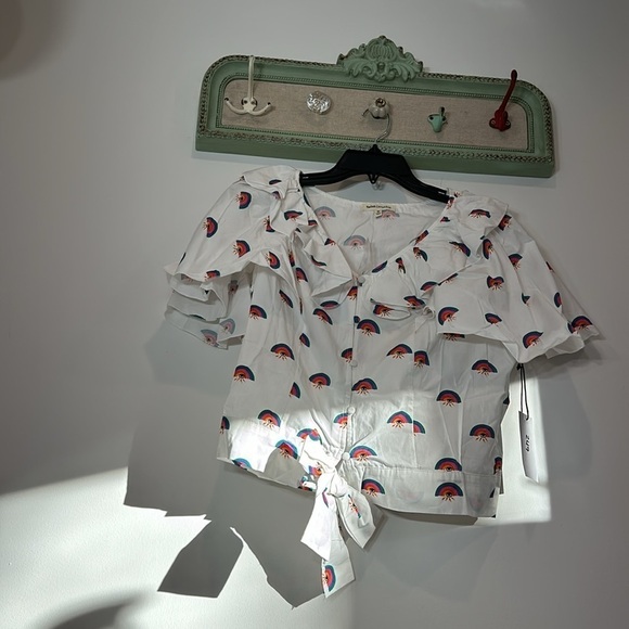Saint Geraldine rainbow eye print ruffle bow front crop button down new medium - Picture 9 of 9